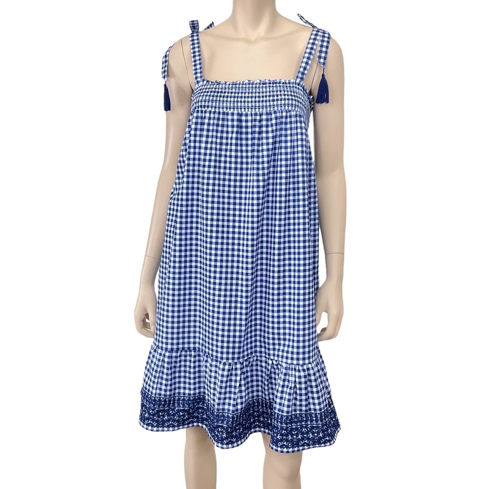 Margaux Riviera Dress Women Large Blue White Gingham Summer Tiered NWT